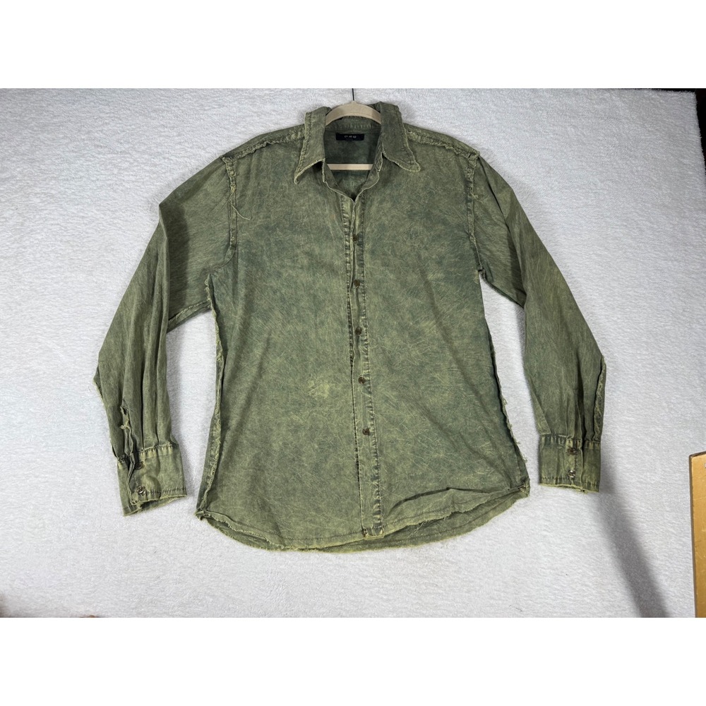 IZ-IT-U Button Down Women Large Olive Green Distressed Acid Wash Grunge Shirt